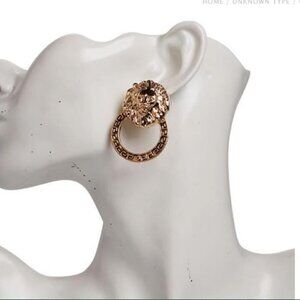Lion Head Door Knocker Rhinestone Gold Earrings